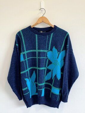 Vintage Navy Sweater w/ Floral Graphic + Metallic Accents / 80s / Made in Canada